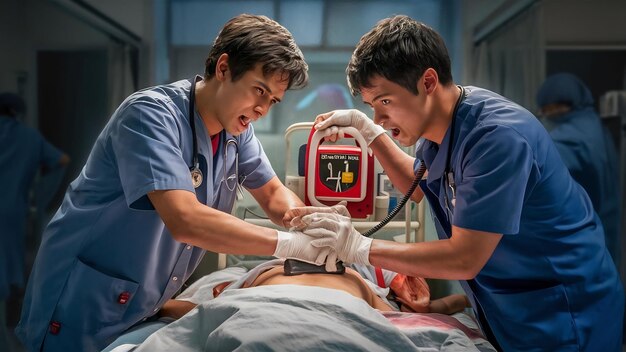 Photo two young doctors performing cpr on a patient using a defibrillator and ambu bag in a hospital