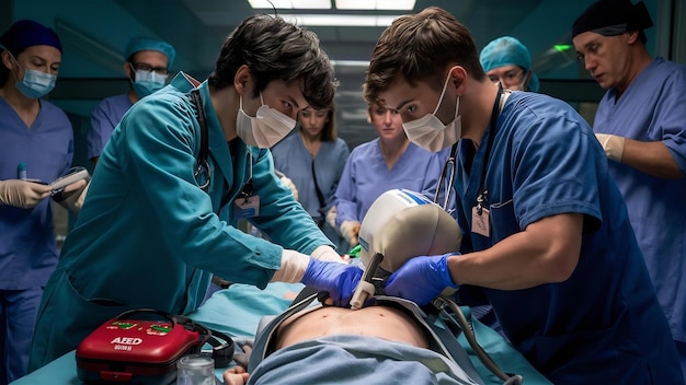 Two young doctors performing cpr on a patient using a defibrillator and ambu bag in a hospital