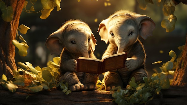 two young elephants reading book under tree in park learning and knowladge concept