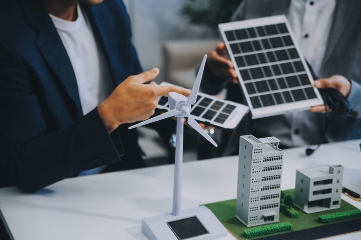 Photo two young engineers expertise in solar cell installation meetings and discussion in the job planning to install solar photovoltaic panels on roof top in the office room with factory building plan