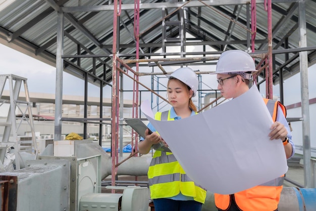 Due giovani ingegneri che lavorano insieme discutere la costruzione di un magazzino guarda i disegni costruttivi per la struttura di stoccaggio