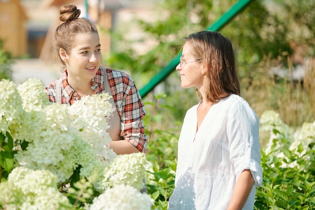 Two young female gardeners or workers of hothouse looking at one another while discussing new sort of hydrangea blooming in the garden