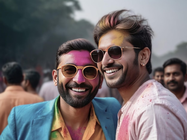 two young friends are smiling and having fun celebrating the Holi festival on the streets in the ope