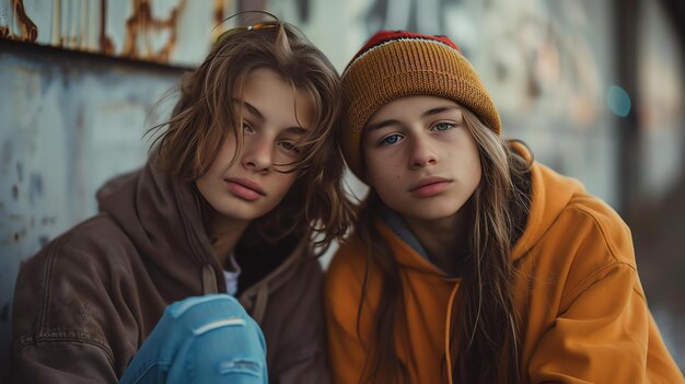 Two young friends a boy and a girl are sitting on a bench in front of a brick wall