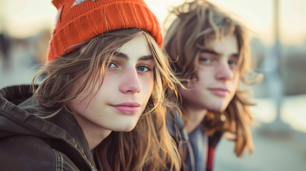 Two young friends a boy and a girl are sitting on a bench looking out at the view