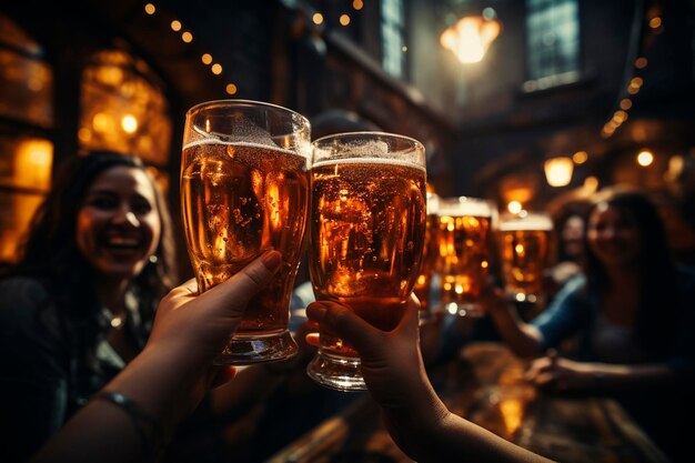 Два молодых друга пьют пиво в баре или пабе.