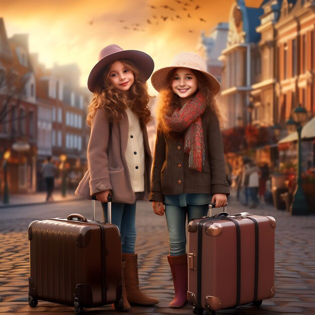 Photo two young friends with suitcase ready for traveling