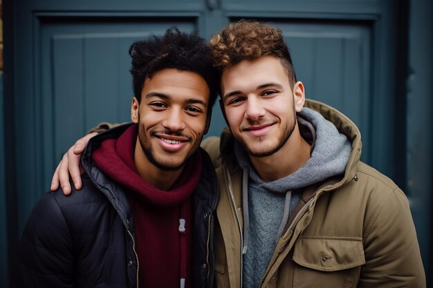 Photo two young gay guys hugging in the street