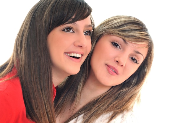 두 명의 젊은 여자 레즈비언 친구는 색 배경에서 행복하게 고립되어 있습니다.