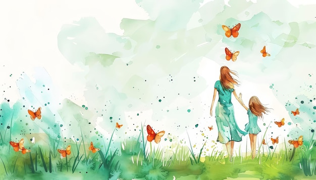 2人の若い女の子が蝶の畑で遊んでいます