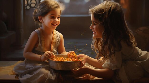 Two young girls are sitting on a couch and one of them is holding a bowl of spaghetti.