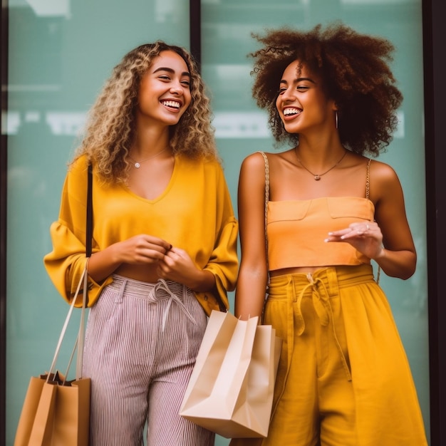 Two young girls are very happy for shopping in sale generative AI