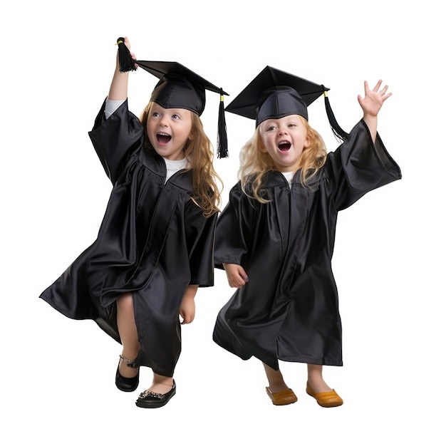 две молодые девушки носят черные выпускные кепки, а у одной белый фон.