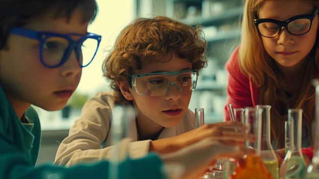 Foto due ragazze che esaminano la bottiglia nel laboratorio scientifico.