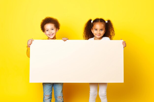 Photo two young girls holding a large white sign