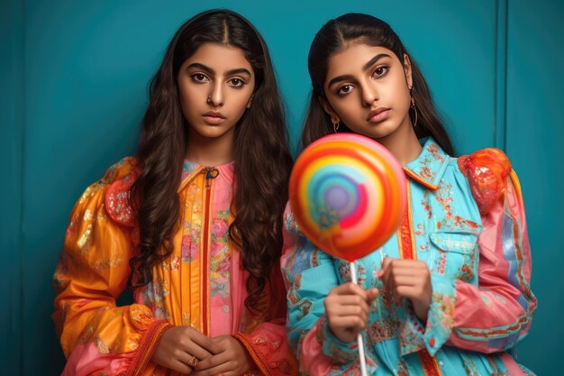 Photo two young girls holding a striped lollipop