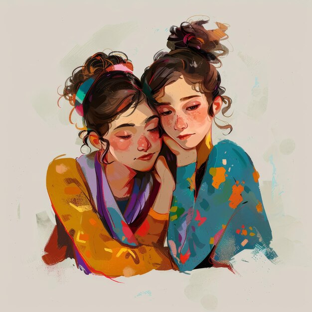 Two Young Girls Hugging Each Other With Eyes Closed