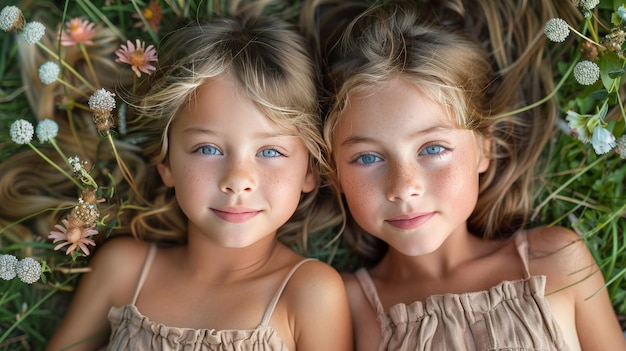 Photo two young girls laying in grass