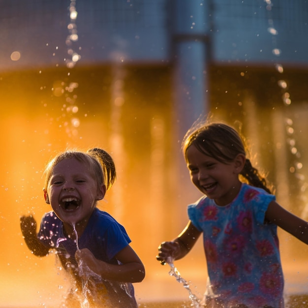 두 어린 소녀가 물이 분출되는 분수대에서 놀고 있습니다.