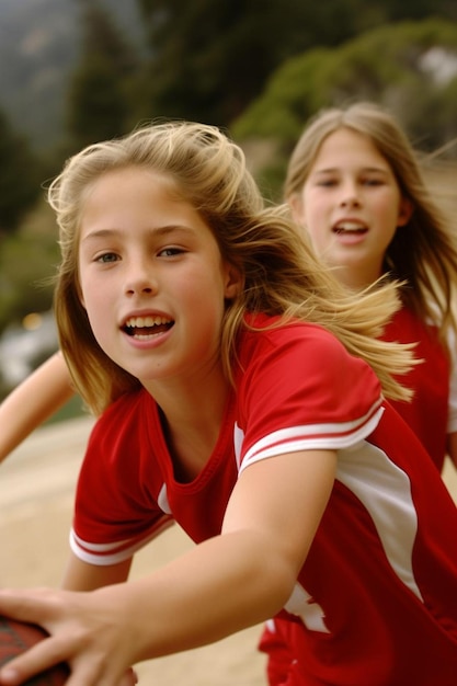 Photo two young girls playing a game of frisbee