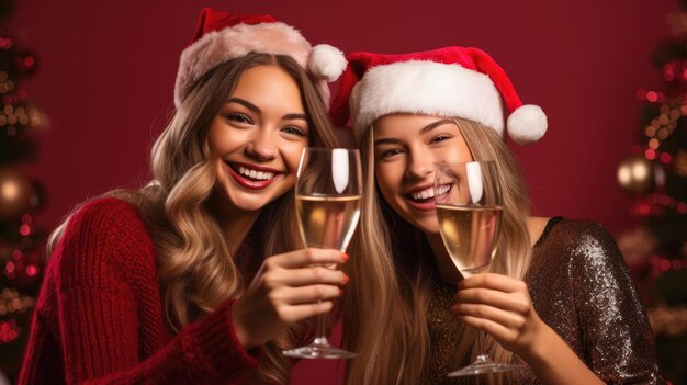 산타 모자를 입은 두 젊은 소녀가 페인 컵을 들고 있다