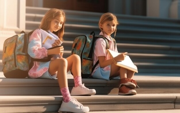 Две молодые девушки сидят на ступеньках здания