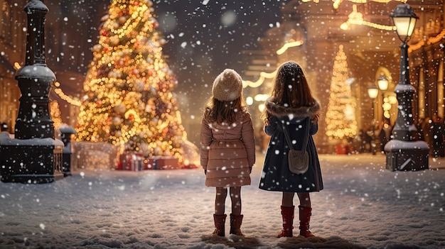 Two young girls standing on the Christmas street looking at the Christmas tree covered with snow