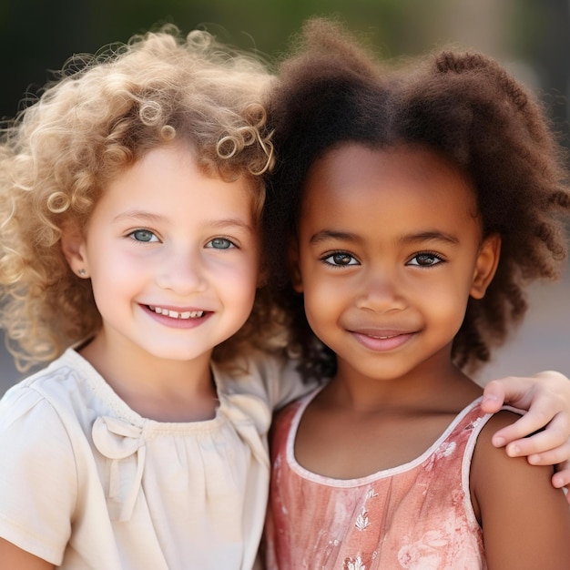 Photo two young girls that are smiling for the camera