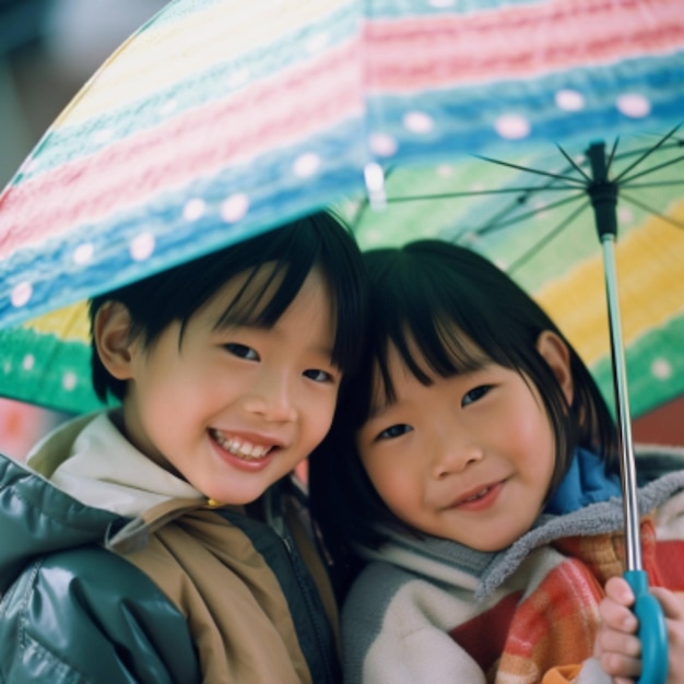 「その上に」という言葉が書かれた傘の下にいる 2 人の若い女の子