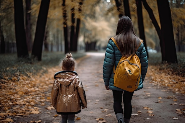 two young girls walking down a path in the woods one carrying a yellow backpack and the other carrying a brown bag