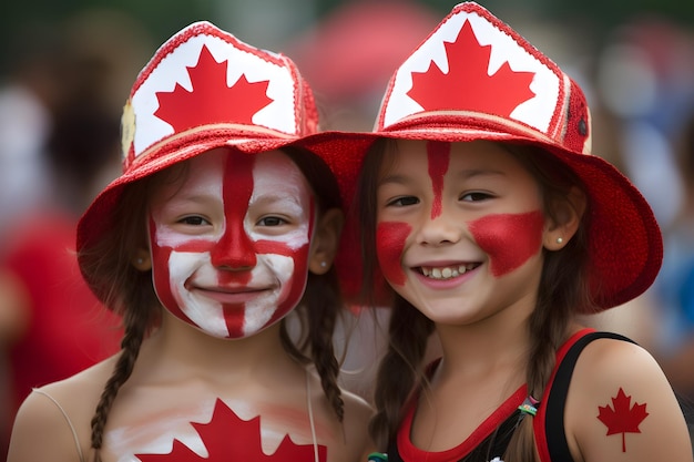 Two young girls wearing hats and holding flags that say canada.