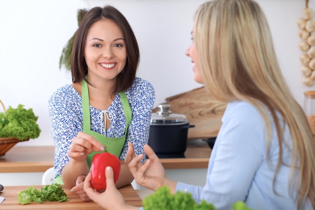 Two young happy women are cooking in the kitchen Friends are having fun while preapering healthy and tasty meal