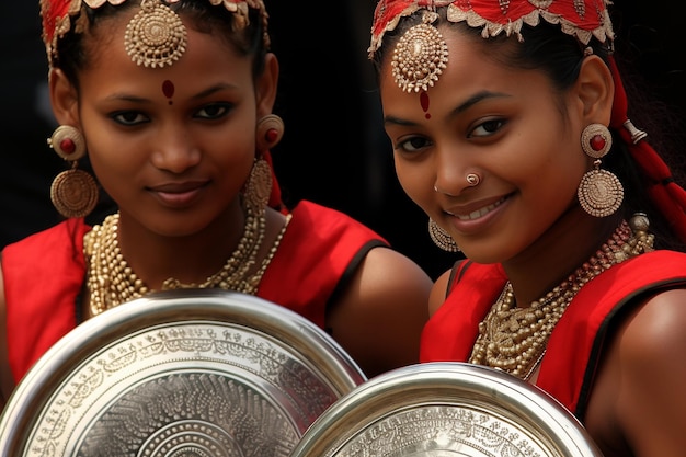 두 명의 젊은 인도 여성이 전통적인 인도 의상을 입고 웃고 있습니다.