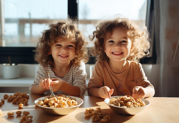 Two young kids eating healthy breakfast