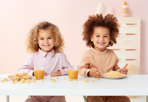 写真 2人の子供が健康的な朝食を食べている