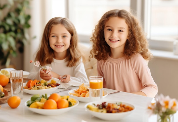 写真 昼食 の テーブル に いる 二 人 の 若い 子供 たち