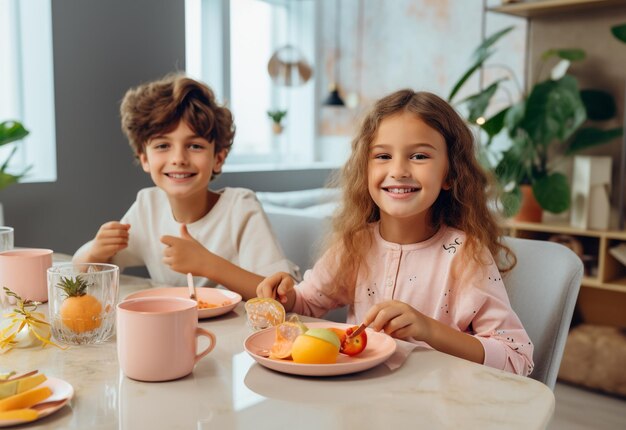 写真 昼食 の テーブル に いる 二 人 の 若い 子供 たち