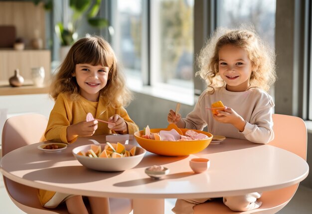 Two young kids in lunch table