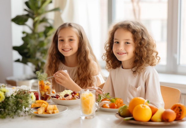 昼食 の テーブル に いる 二 人 の 若い 子供 たち