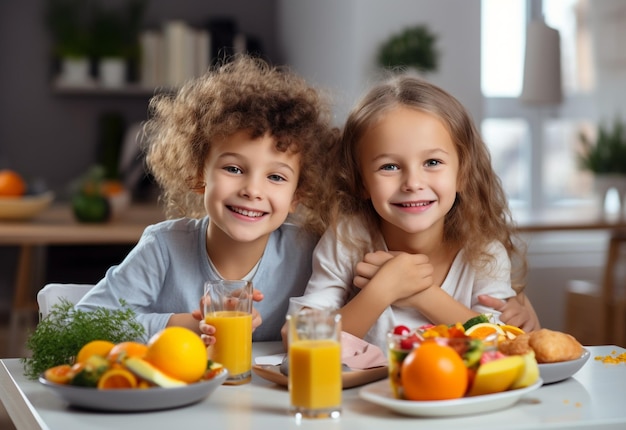 昼食 の テーブル に いる 二 人 の 若い 子供 たち