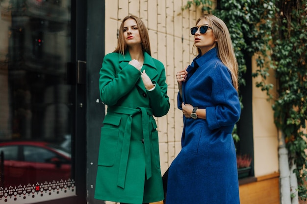 Two young ladies in fur coats posing on background