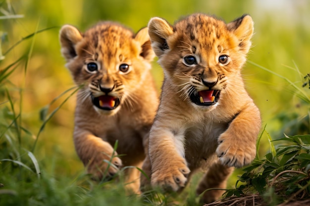 Photo two young lion cubs running through the grass