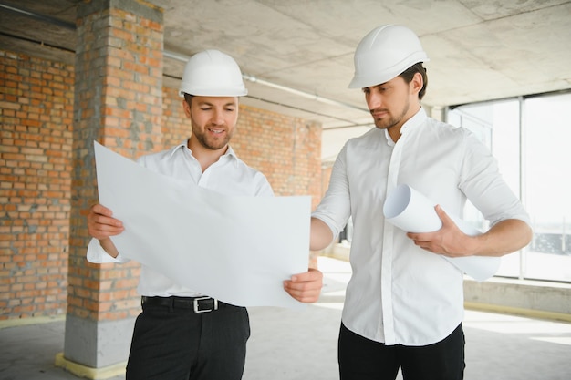 Two young man architect on a building construction site