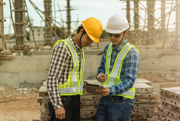 Two young man architect on a building construction site