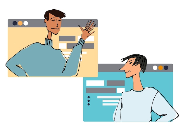 Two Young man in front of a computer screen Flat style isolated vector element