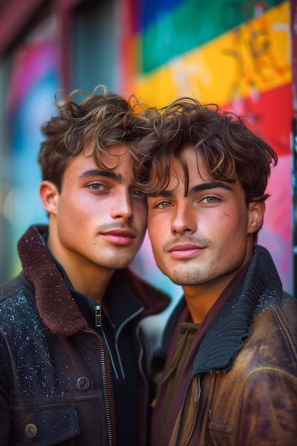 Photo two young men are posing for a photo in front of a colorful wall