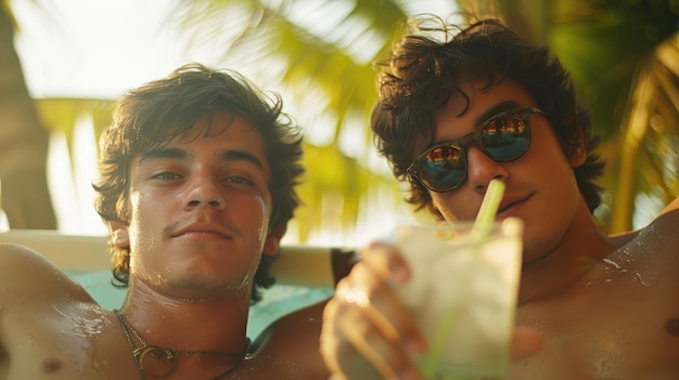 Двое молодых людей сидят на пляже, один из них держит напиток с соломинкой.