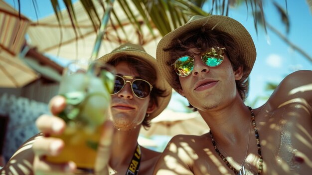 Photo two young men are sitting under an umbrella one of them holding a drink