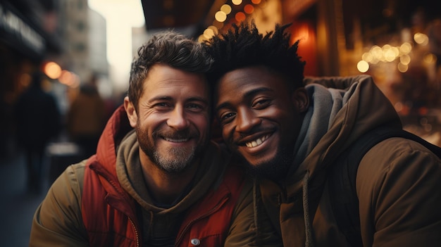 Two young men a black and white gay coupleshare a joyful embracetheir smiles radiating happiness