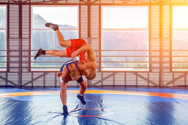 Two young men in blue and red wrestling tights are wrestlng in the gym on the of mountains. 